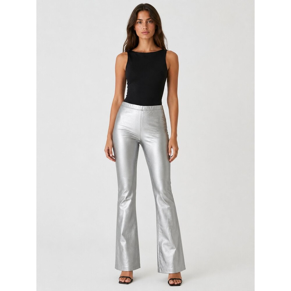 Naked Wardrobe Silver Metallic Faux Leather Flare Pants Women’s Size L
